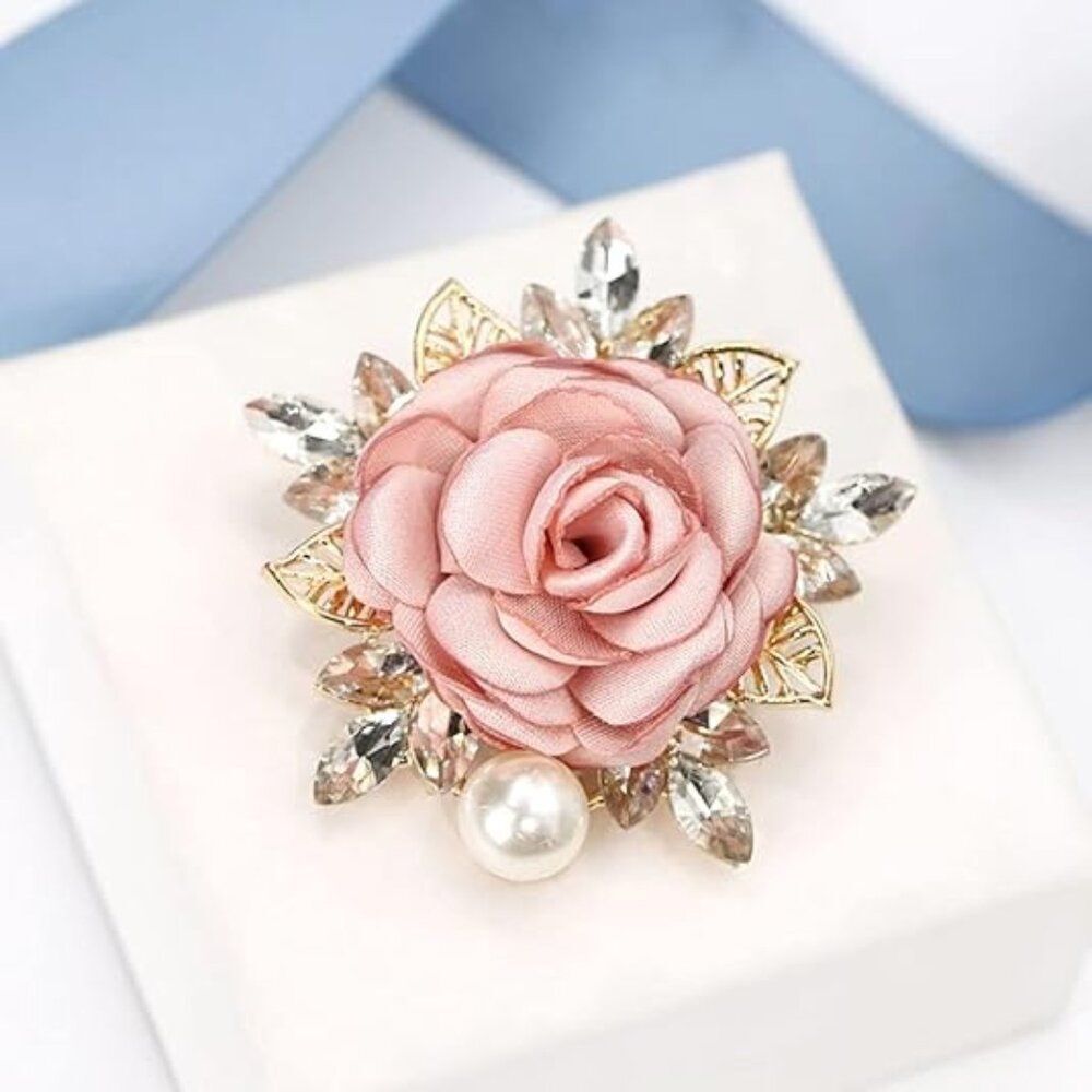 Victorian Rose Flower Brooch Pin Handmade Fabric Flower Crystals Pearl Lapel Pin